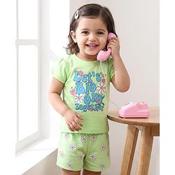 Babyhug Cotton Knit Half Sleeves T-Shirt & Shorts Night Suit With Floral Print - Green