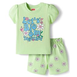 Babyhug Cotton Knit Half Sleeves T-Shirt & Shorts Night Suit With Floral Print - Green