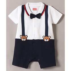 Babyhug 100% Cotton Knit Half Sleeves Romper with Friend Print & Patch Detailing - Navy Blue & White