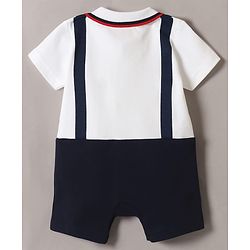 Babyhug 100% Cotton Knit Half Sleeves Romper with Friend Print & Patch Detailing - Navy Blue & White