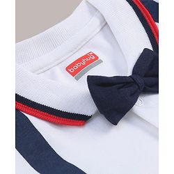 Babyhug 100% Cotton Knit Half Sleeves Romper with Friend Print & Patch Detailing - Navy Blue & White