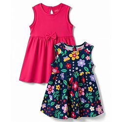 Babyhug Single Jersey Knit Sleeveless Frocks with Floral Print & Bow Applique Pack of 2 - Multicolor