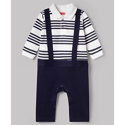 Babyhug 100% Cotton Knit Full Sleeves Striped Romper with Tie - White & Navy