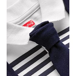 Babyhug 100% Cotton Knit Full Sleeves Striped Romper with Tie - White & Navy