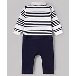 Babyhug 100% Cotton Knit Full Sleeves Striped Romper with Tie - White & Navy
