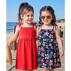 Babyhug 100% Cotton Knit One Piece Dresses with Sleeveless Styling & Floral Print Pack Of 2 - Red & Navy Blue