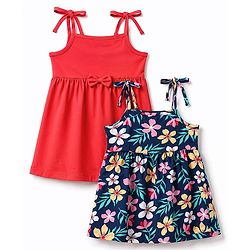 Babyhug 100% Cotton Knit One Piece Dresses with Sleeveless Styling & Floral Print Pack Of 2 - Red & Navy Blue