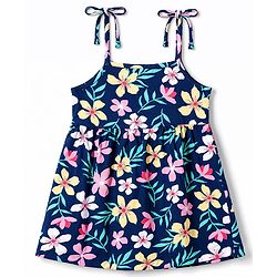 Babyhug 100% Cotton Knit One Piece Dresses with Sleeveless Styling & Floral Print Pack Of 2 - Red & Navy Blue