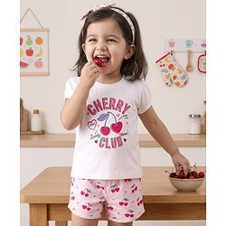 Babyhug Cotton Knit Half Sleeves T-Shirt & Shorts Night Suit with Cherry Print - White