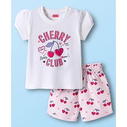 Babyhug Cotton Knit Half Sleeves T-Shirt & Shorts Night Suit with Cherry Print - White
