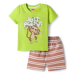 Babyhug Cotton Knit Half Sleeves T-Shirt & Shorts Night Suit with Monkey Print & Stripes - Green