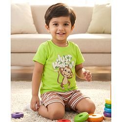 Babyhug Cotton Knit Half Sleeves T-Shirt & Shorts Night Suit with Monkey Print & Stripes - Green