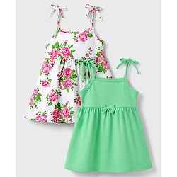 Babyhug 100% Cotton Knit Sleeveless Floral Printed Frocks With Bow Applique Pack Of 2 - Multicolor
