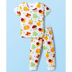 Babyhug Cotton Knit Half Sleeves T-Shirt &  Pyjama Co-Ord Night Suit Set with Snail Print - White