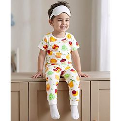 Babyhug Cotton Knit Half Sleeves T-Shirt &  Pyjama Co-Ord Night Suit Set with Snail Print - White