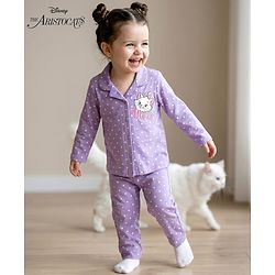 Babyhug Disney Single Jersey Knit Full Sleeves Co-ords Shirt & Pajama Night Suit with Marie Print - Lavender