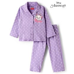 Babyhug Disney Single Jersey Knit Full Sleeves Co-ords Shirt & Pajama Night Suit with Marie Print - Lavender