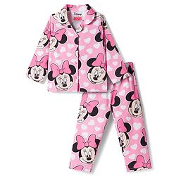 Babyhug Disney 100% Cotton Knit Full Sleeves Co-Ords Front Open Shirt & Pyjama Night Suit With Minnie Mouse Print - Pink