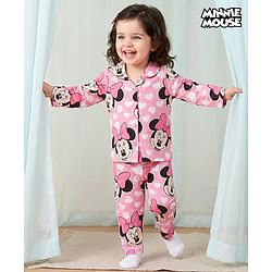 Babyhug Disney 100% Cotton Knit Full Sleeves Co-Ords Front Open Shirt & Pyjama Night Suit With Minnie Mouse Print - Pink