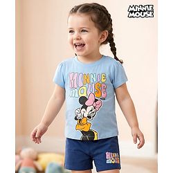 Babyhug Disney Single Jersey Knit Half Sleeves T-Shirt & Shorts Night Suit Set with Minnie Mouse Graphic- Light Blue