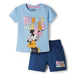 Babyhug Disney Single Jersey Knit Half Sleeves T-Shirt & Shorts Night Suit Set with Minnie Mouse Graphic- Light Blue