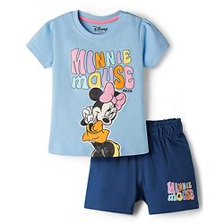 Babyhug Disney Single Jersey Knit Half Sleeves T-Shirt & Shorts Night Suit Set with Minnie Mouse Graphic- Light Blue