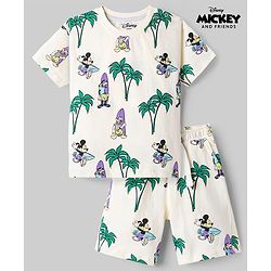 Babyhug Disney Single Jersey Knit Half Sleeves T-Shirt & Shorts Set with Mickey Mouse Graphics - Offwhite