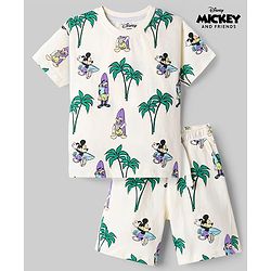 Babyhug Disney Single Jersey Knit Half Sleeves T-Shirt & Shorts Set with Mickey Mouse Graphics - Offwhite