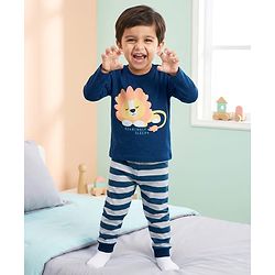 Babyhug Cotton Knit Full Sleeves Lion Printed T-Shirt & Stripped Pyjama Night Suit Set - Navy Blue