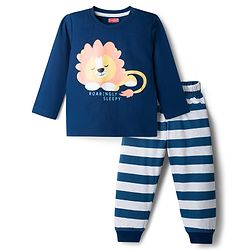 Babyhug Cotton Knit Full Sleeves Lion Printed T-Shirt & Stripped Pyjama Night Suit Set - Navy Blue