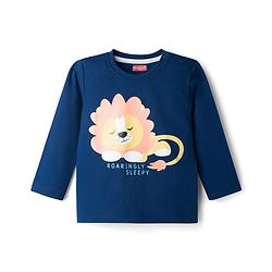 Babyhug Cotton Knit Full Sleeves Lion Printed T-Shirt & Stripped Pyjama Night Suit Set - Navy Blue