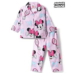Babyhug Disney Poplin Woven Half Sleeves Shirt & Pyjama Co-ords Night Suit With Minnie Mouse Graphic  - Pink