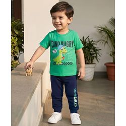 Babyhug Cotton Knit Half Sleeves T-Shirt & Pyjama Night Suit With Dino Print - Green