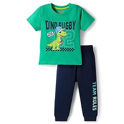 Babyhug Cotton Knit Half Sleeves T-Shirt & Pyjama Night Suit With Dino Print - Green