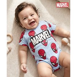 Babyhug Marvel Interlock Knit Half Sleeves Onesie with Spiderman Print - Aqua Blue