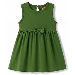 Babyhug 100% Cotton Knit Sleeveless Solid & Floral Printed Frocks With Bow Applique Pack Of 2 - Green & Dark Pink