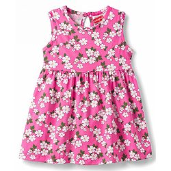 Babyhug 100% Cotton Knit Sleeveless Solid & Floral Printed Frocks With Bow Applique Pack Of 2 - Green & Dark Pink