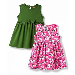 Babyhug 100% Cotton Knit Sleeveless Solid & Floral Printed Frocks With Bow Applique Pack Of 2 - Green & Dark Pink