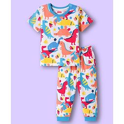 Babyhug Cotton Knit Half Sleeves Co-ords T-Shirt & Pajama Night Suit with Dino Print - Multicolor
