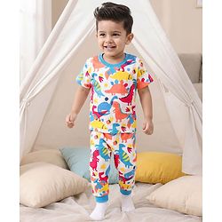 Babyhug Cotton Knit Half Sleeves Co-ords T-Shirt & Pajama Night Suit with Dino Print - Multicolor