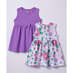 Babyhug 100% Cotton Knit Sleeveless Floral Printed Frock With Bow Applique Pack Of 2 - Multicolor