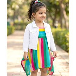 Babyhug Cotton Woven Striped Dress with Full Sleeves Jacket - Multicolor