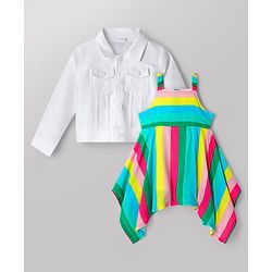 Babyhug Cotton Woven Striped Dress with Full Sleeves Jacket - Multicolor