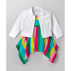 Babyhug Cotton Woven Striped Dress with Full Sleeves Jacket - Multicolor
