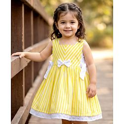 Babyhug Cotton Woven Sleeveless Striped Frock with Bow Applique - Yellow