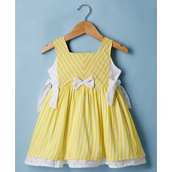 Babyhug Cotton Woven Sleeveless Striped Frock with Bow Applique - Yellow