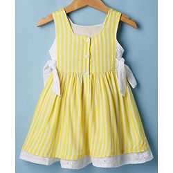 Babyhug Cotton Woven Sleeveless Striped Frock with Bow Applique - Yellow