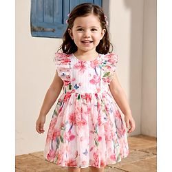 Babyhug Cotton Woven Frill Sleeves Frock With Floral Print - Pink