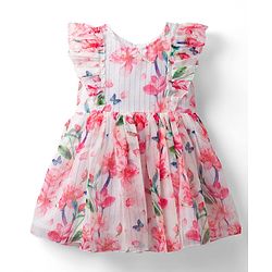 Babyhug Cotton Woven Frill Sleeves Frock With Floral Print - Pink