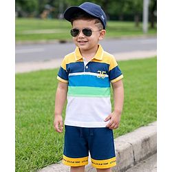 Babyhug Single Jersey Knit Half Sleeves Striped Polo T-Shirt & Shorts Set with Numerical Print - Blue & Yellow